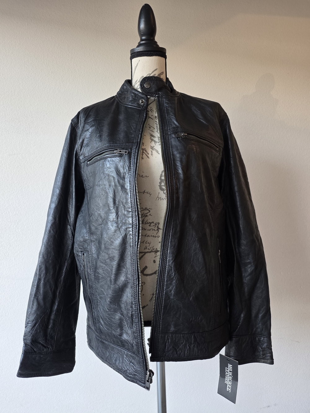 Men's Black Leather Bomber Jacket with Stand Collar